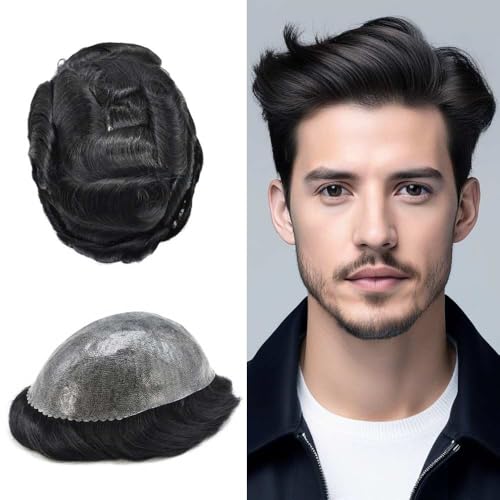 RESHE Toupee For Men 100% European Human Hair System For Men Hairpiece Hairpieces And Toupees Thin Skin Hair Piece Mens Toupee 8''X10'' #1 Jet Black