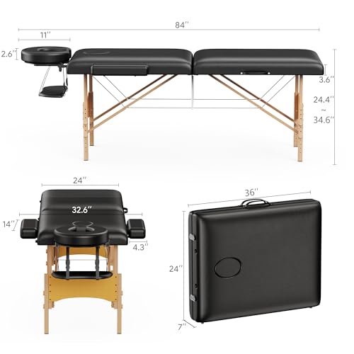 Brelley Massage Table Portable Wooden Lash Bed 24" Wide Adjustable Height 2-Fold Spa Table Foldable Tattoo Bed (Black)