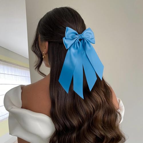 6Pcs Bow Hair Ties Non-Damage Ponytail Holders Hair Bows Ribbon for Women Fashion Bows Accessories for Girls Elastic Hair Bands(White/Blue/Black)
