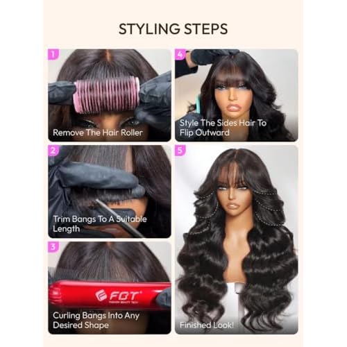 UNICE Loose Wave 7x5 Lace Front Wigs Human Hair with Curtain Bangs Bye Bye Knots Glueless Human Hair Wig Pre Plucked Pre Cut Bleached Knots Put on and Go Wig for Women 180% Density 18 Inch