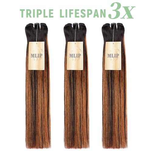 mlip Raw Bundles Human Hair Straight, No Tangle Shedding, Keep Texture Silky Soft After Multiple Washes, 15A Raw Indian Hair Bundles 24 Inches, Brown Highlight Bundles