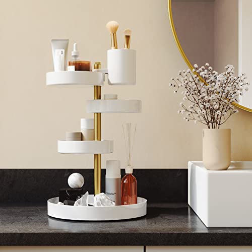 Umbra Pirouette Cosmetic Organizer, Large Capacity Makeup Storage with Adjustable Compartments, White/Brass