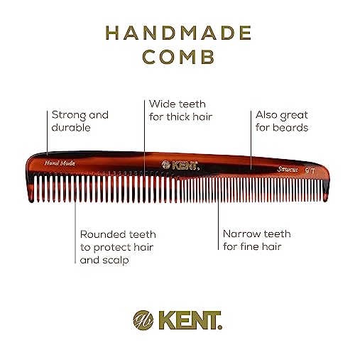 Kent 9T Tortoiseshell Fine Tooth and Wide Tooth Comb - Large Handmade and Saw-Cut Fine Hair Dressing Comb - Wet Hair Detangler Combs for Women and Durable Grooming Made in England