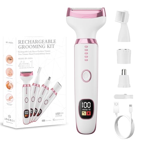 Electric Razor for Women, 4-in-1 Bikini Trimmer & Body Shaver for Nose Hair Face Eyebrow Arms Legs Armpit Underarm Pubic Area, Rechargeable Wet/Dry Painless Hair Removal