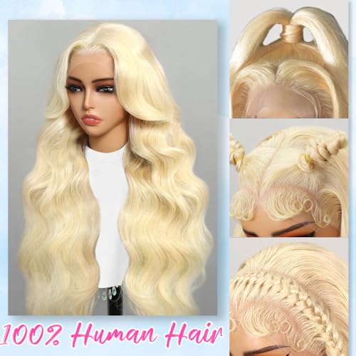 613 13x6 Lace Front Wig Human Hair 32 Inch Blonde Lace Front Wigs Pre Plucked Blonde Wig Human Hair 200 Density 613 Body Wave HD Lace Frontal Wigs Glueless Wigs