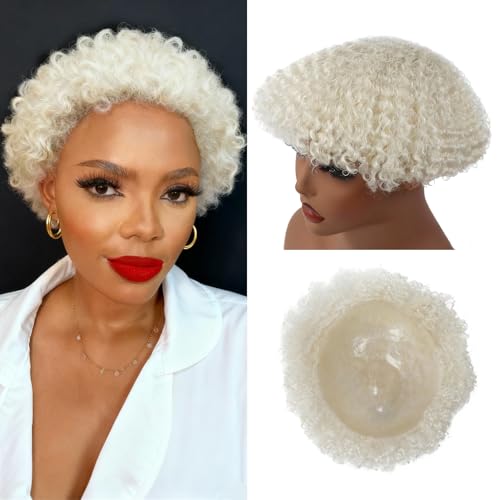 Afro Toupee Curly Women Wigs 6MM Man Weave 360 Hair Unit Human Braiding Hair Twist Black Mans PU Hairpiece Replacement 100% Human Hair African American Toupee 8x10inch 613# Blonde Color