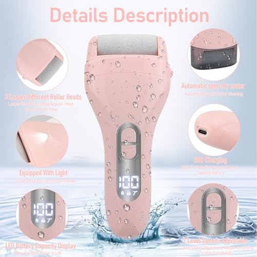 Callus Remover for Feet - with Larger Grinding Head, Electric Portable Pedicure Kit Foot File Callus Remover, Rechargeable Waterproof Foot File for Foot Care Deadskin Remover LCD Display-Pink