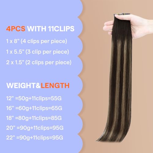 Full Shine Balayage Brown Clip In Hair Extensions, Ombre Brown Higlight Blonde, Invisible Seamless Hair Extensions Clip In, Remy Pu Weft Fill Ins For Thin Hair Add Volume, 4 Pcs 22 Inch 95G