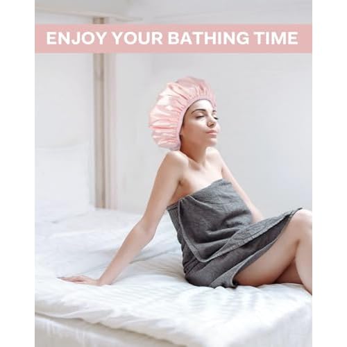 Aquior Shower Cap,Triple Layer Shower Cap for Women, Reusable Waterproof Bath Cap,Silky Satin Outer Layer Terry Lining, Extra Large for Women Long Hair(Pink)