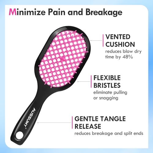 Vented Detangling Hair Brush - 2 Pack Detangler Hairbrush for Effortless Tangle Removal - Ultra-Soft Bristles -For Natural Curly Straight Wet Dry Damaged Hair for Women Men Kids - Black & Pink