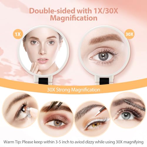 B Beauty Planet 30X Magnifying Mirror, Hand Mirror with Handle, Double Sided Hand Mirror with 30X/1X Magnification, Travel Essential Portable Foldable Makeup Mirror for Precision Makeup White