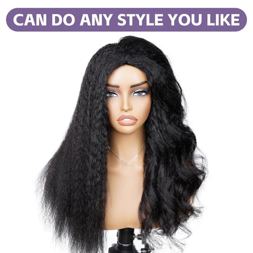 OQ Hair Kinky Straight Half Wig Human Hair Adjustable Drawstring 180% Density 3 In 1 Beginner Friendly Glueless Wear and Go Half Human Hair Wig for Women 20 Inch