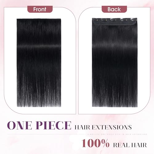 S-noilite One Piece Hair Extensions Clip in Human Hair 5 Clips 3/4 Full Head Clip on Remy Hair Extension for Women,One-Piece Design Adding Hair Volume 20 Inch 50g #Jet Black