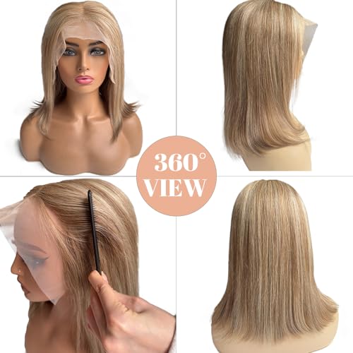 Belaved 8T860 16 Inch Ombre Bob Wig Human Hair Highlight Brown to Blonde 13¡¿6 Glueless HD Lace Front Bob Wigs with Baby Hair Free Part Pre Plucked Hairline Straight Bob Wig Human Hair for White Women