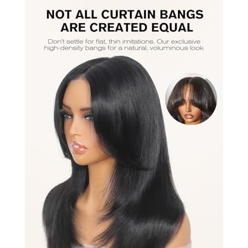 Face-Framing Layered Curtain Bangs Glueless Wigs Human Hair Pre Plucked Pre Cut HD Lace Front Wigs 6x6 Ready to Wear Butterfly Haircut Closure Wig Human Hair with Layered Curtain Bangs 18 Inch