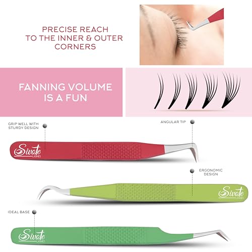 SIVOTE Lash Tweezers for Eyelash Extensions Fiber Tips, Set of 3, 45 Degree, Curved, Volume Boot, Dark Green Red Green