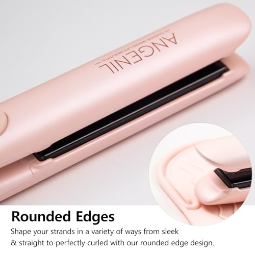ANGENIL Pro Round Pink Dual Voltage Hair Straightener Irons, Titanium Flat Iron Hair Straightener and Curler 2 in 1 with Heat Resistant Silicone Mat, Smoothness, Large LCD Display, 20S Fast Heat Up