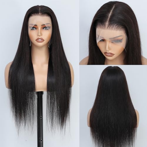NEWMI 13x6 Lace Front Wigs Human Hair 200 Density Pre Plucked HD Transparent Lace Frontal Human Hair Wigs for Women Glueless Natural Black Straight Wig 26 inch