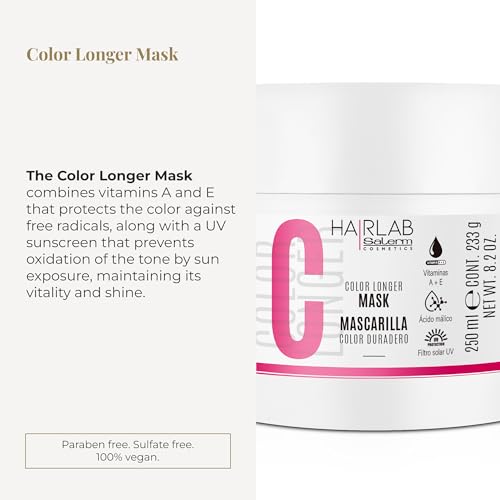 SALERM - Dyed, Bleached, or Gray Hair Mask - Color Longer Hair Lab - 250 ml - with Vitamins A and E - Seals and Maintains Color - Shinier Hair - Sulfate and Paraben-Free