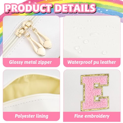 Initial Makeup Bag,Personalized preppy bag Waterproof PU Leather Chenille Letter Cosmetic Bag,Portable Travel Toiletry Bag Monogram Birthday Gift for Women Girls Mom Friends (Letter E)