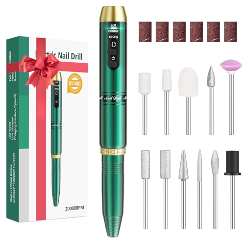 Cordless Nail Drill, Portable Electric Nail File with 11 in 1 Nail Drill Bits for Acrylic Gel Dip Powder Nails, Rechargable Efile Machine Kit for Home Manicure Pedicure, Green
