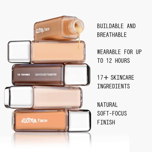 about-face THE PERFORMER Skin-Focused Foundation F2Olive ? Medium Coverage, Long-Wear, Breathable & Buildable Base ? Clean, Vegan, Hydrating Formula with Blue Agave & Chlorella ? 1.08oz