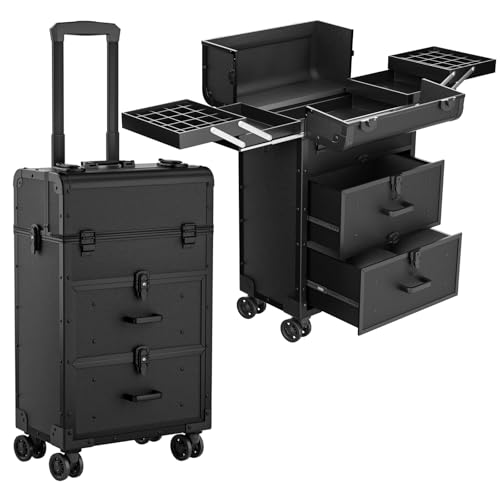 Large Rolling Makeup Train Case, Professional Travel Cosmetology Case on Wheels with Drawers, 3 Tiers Nail Organizers Storage Case for Nail Tech, Tattoo, Hairstylist, Makeup, Extra Large