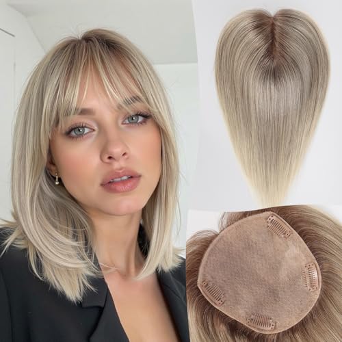 5.5"¡¿5" Human Hair Toppers 12 inches for Women,100% Remy Human Hair with 4 Non-slip Clips and Large-area Simulation Scalp Base,Top Hairpieces for Women with Thin Hair(Ombre Gray)