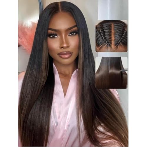 UNICE Chestnut Brown Ombre Yaki Straight 7x5 Pre Cut HD Lace Front Wigs Human Hair with Drawstring Bye Bye Knots Glueless Wig Pre Plucked Bleached Knots Natural Hairline 150% Density 18 inch