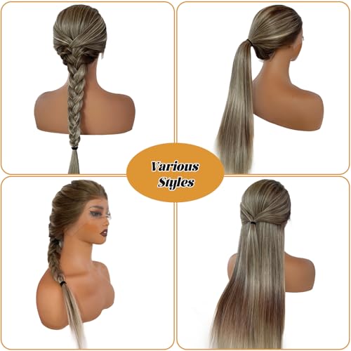 Straight Highlight Blonde 13X6 HD Lace Front Wigs Human Hair for Women 22 Inch Ombre Ash Brown Mixed 613 Bleach Blonde Deep Part Glueless Lace Frontal Wigs 180 Density Pre Plucked with Baby Hair