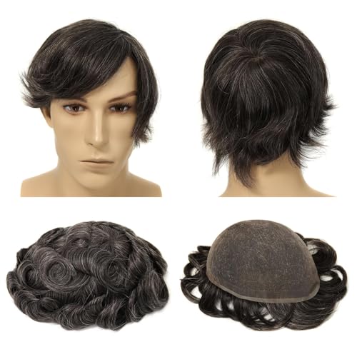 Mens Swiss Lace Toupee, #1B30 Natural Black with 30% Gray Hair 7x9 Inch Size Single-Knotted Invisible Hairline Remy Human Hair Piece