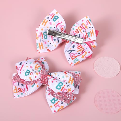 4" Happy Birthday Ribbon Hair Bow Clips 2pc Sparkly Pink Sequin Alligator Barrettes Pins for Teens Toddler Baby Girls Kids Women Ice Cream Party Outfit Dress Decor Accessory Gift