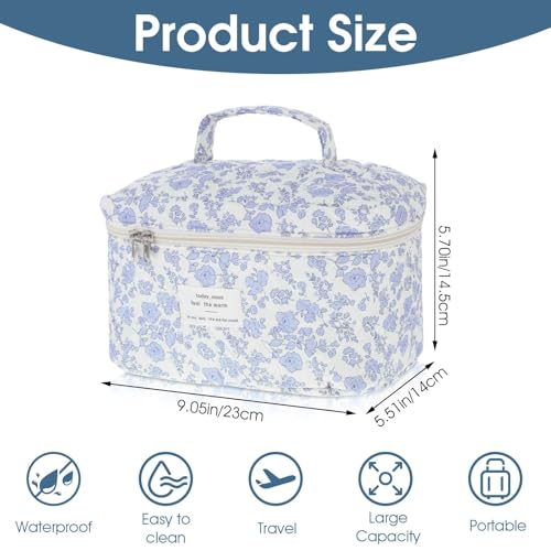 Large Makeup Bag, Cute Quilted Makeup Bag for Women, Travel Cotton Make Up Organizer Bag, Floral Coquette Aesthetic Toiletry Bag, Gift For Daughter, Preppy Things For Girls