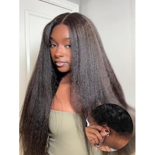 Kinky Straight Invisi Drawstring Glueless HD Full 360 Lace Front Wigs Human Hair Flexible Fit Wear and Go Glueless Wigs Human Hair Pre Cut Pre Plucked Pre Bleached Wigs for Black Women 18 Inch