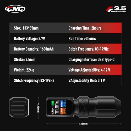 CNC Tattoo Machine Wireless Tattoo Gun Rotary Pen with 3200mAh Dual Batteries 3.5 Stroke Power Supply Digital LED Display Coreless Motor for Tattoo Professionals and Beginners CNC-M2-E77-1