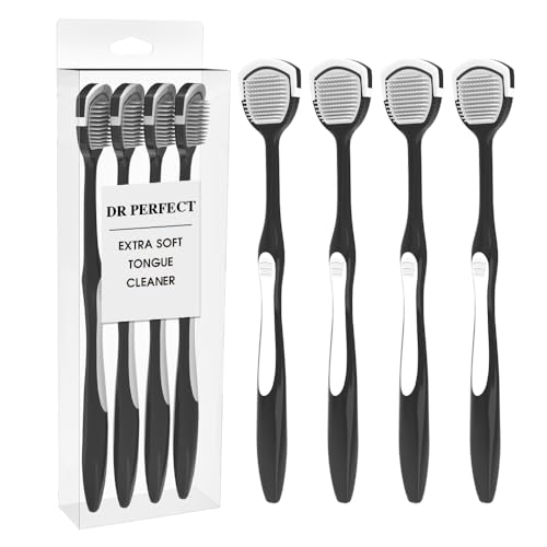 DR PERFECT Soft Tongue Brush Scraper Cleaner Helps Fight Bad Breath Clean Your Tongue Without Hurt Pack Of 4 (Black)