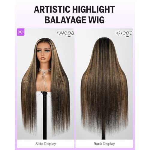 6x5 Wear and Go Glueless Wigs Human Hair Ombre Lace Front Wig Human Hair 220% Density Highlight Straight Wigs Bleached Tiny Knots FB27# 24 Inch