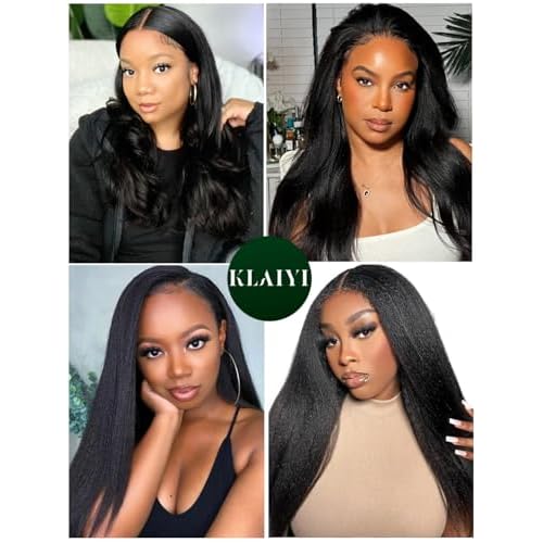 KLAIYI Yaki Straight Bundles Human Hair Weaves Unprocessed Real Virgin Hair Sew In Extensions 3 Bundles 16 18 20Inch, 12A Kinky Straight Double Wefts for Women Cllip In Light Yaki Natural Black Color