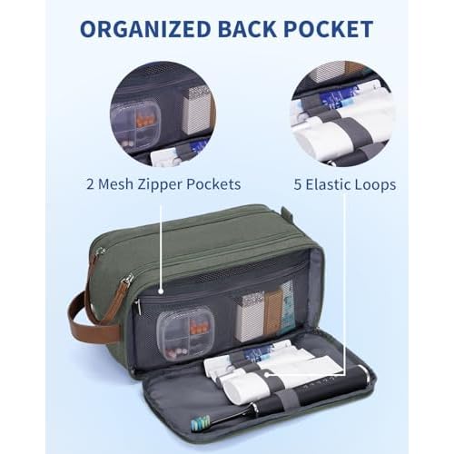 WANDF Toiletry Bag for Men Travel Toiletry Organizer Canvas and Leather Dopp Kit Water-Resistant Shaving Bag for Travel Accessories (Green, Large)