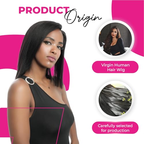 12 inch 5x5 Lace Closure Yaki Side Part Vietnamese Human Hair Wig, Pre-Bleached Pre Plucked HD Lace Wig 180% Density, Pre Cut Lace Wig Short Black Blunt Cut Bob Wigs