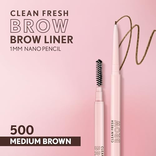 Covergirl Clean Fresh Brow Nano, 500 Medium Brown, Eyebrow Pencil, Ultra-Precise Tip, Waterproof, Transfer-Resistant, Built-In Spoolie, Vegan Formula, 0.001oz