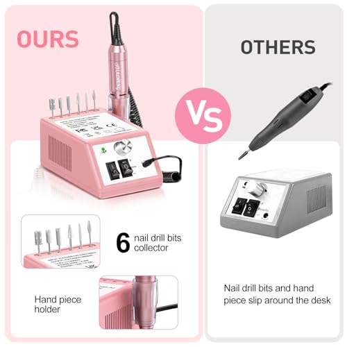 JIASHENG Nail Drill, 20000rpm Professional Electric Nail Drill Machine, Electric Nail File Drills for Acrylic Nails Gel Nails Manicure Pedicure Tools for Salon Use, Pale Pink