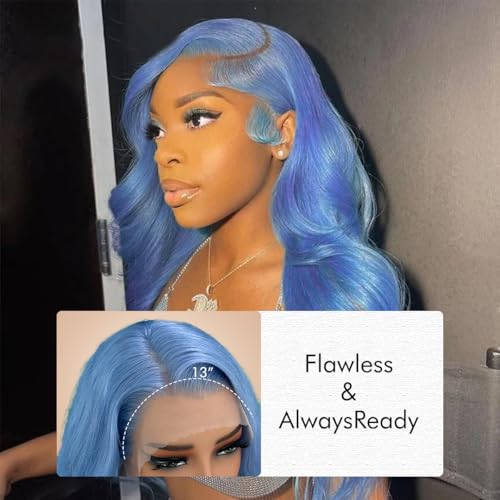 Lake Blue 13x4 Body Wave Lace Front Wigs Human Hair 180 Density UHD Transparent Lace Front Wigs Human Hair Pre Plucked Pre Cut Lace Glueless Wig Virgin Colored HumanHair Wigs For Women 20inch