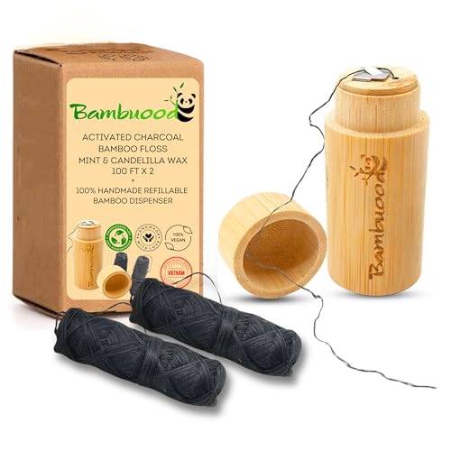 Vegan Biodegradable Bamboo Activated Charcoal Dental Floss (4 Pack (Dispenser + 2 Refill))