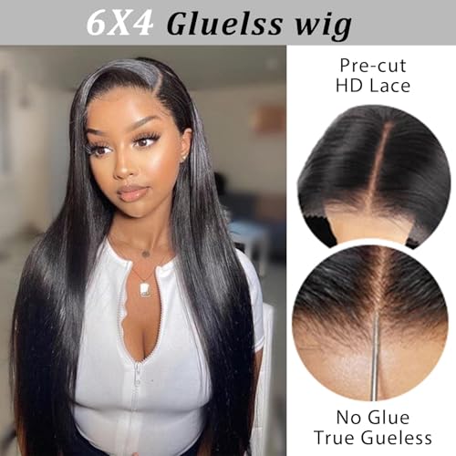 Glueless Wigs Human Hair Pre Plucked Pre Cut 6x4 Straight Lace Front Wigs Human Hair 30 Inch Hd Lace Front Closure Wigs for Women 180% Density Wear and Go Glueless Wig Ready to Wear Natural Black