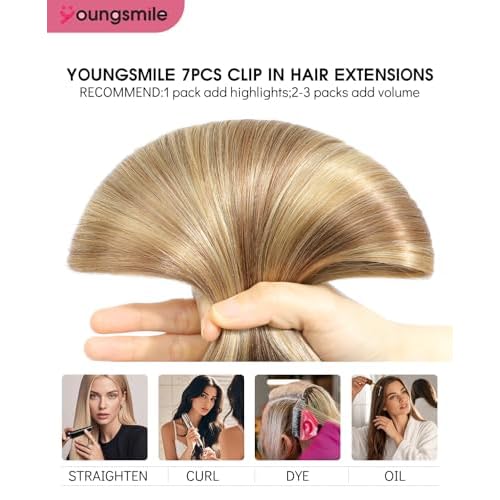 Youngsmile Real Hair Clip in Extensions #10/27/27 Golden Blonde with Bleach Blonde Human Hair Extensions Clip in, Soft Silk Straight,Double Weft, 140g 7 Pieces 14inch (7C#10/27/27-14inch)
