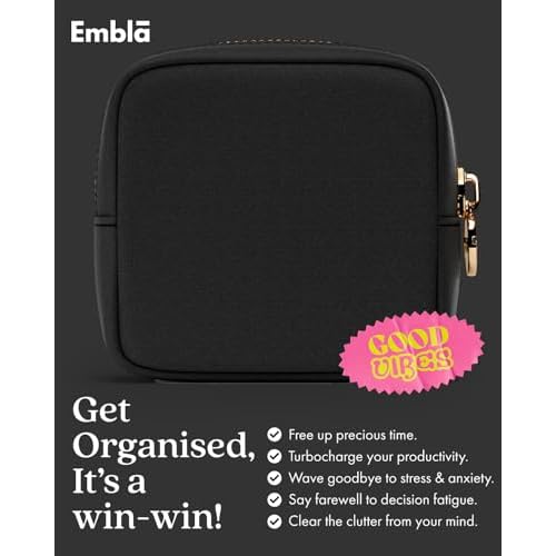Embla Makeup Bag Travel Cosmetics Pouch and Toiletry Bag, Nylon Zipper Pouch Purse, Cute Make Up Organizer Storage Tote for Women Girls, Waterproof Travel Skincare Case, Small Makeup Bags, Black Noir