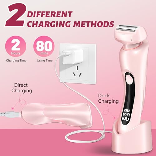 2 in 1 Electric Shaver for Women Wet Dry Dual Use IPX7 Waterproof with LED Display USB Recharge Dock Dry Use Body Hair Trimmer and Facial Hair Remover for Bikini Underarm Leg Arm Face (Pink)