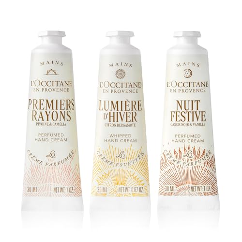 L¡¯Occitane Glow & Go Hand Cream Trio, Holiday Beauty Gift Set, Peony, Lemon & Vanilla, Hydrates & Softens Dry Skin, Travel-Sized Moisturizing Minis
