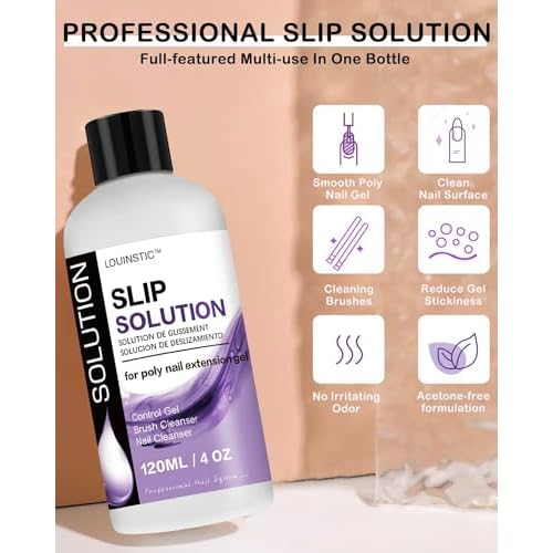 LOUINSTIC Poly Nail Gel Slip Solution - 120ml, 3 in 1 Nail Extension Anti-Stick Liquid, Art Brush Cleanser, for Poly Extension Gel Kit, with Dual-Ended Art Brush